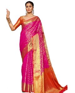 SWORNOF Women's Patola Silk Saree With Unstitched Blouse Piece